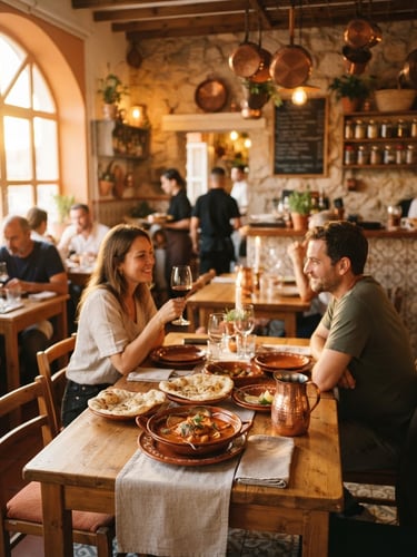 Warm, inviting interior of Spicey Garden restaurant in Olhão, golden-hour light illuminating wooden tables, terracotta accents, and copper decor, cozy dining room setup, 35mm photography