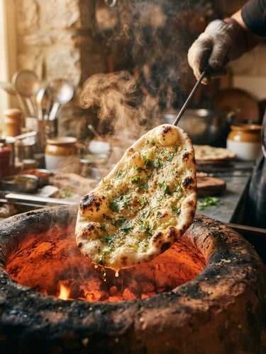 Freshly baked garlic naan bread emerging from a glowing clay tandoor oven, warm steam rising, golden-hour window light, shallow depth of field