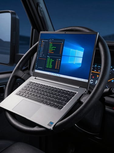 Tight, high-contrast photograph of a rugged Windows laptop sitting on a truck steering wheel, diagnostic software with green and orange code on screen, dark truck cab interior, cool blue night lighting.