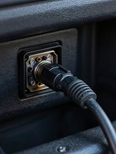 Close-up of a 9-pin diagnostic port under a truck dashboard, with a heavy-duty cable plugging in, cool low-key lighting