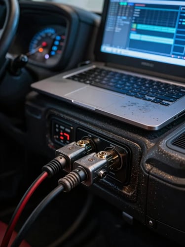 Close-up shot of a rugged 9-pin diagnostic cable plugged into a heavy-duty truck dashboard, the cool blue glow of a laptop screen displaying diagnostic software in a dark truck cab, high-contrast low-key lighting, road grime and industrial textures visible.