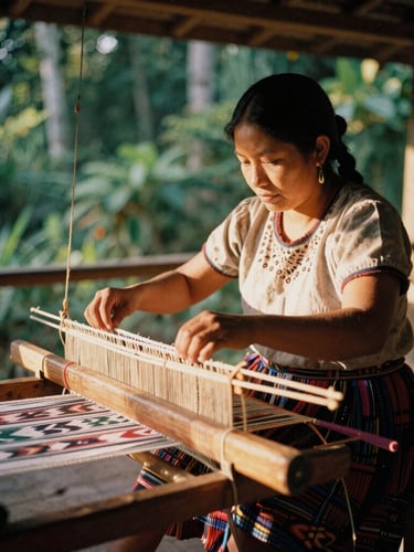 A local Flores woman weaving ikat on a wooden loom inside a traditional house, soft natural light, warm shadows, authentic atmosphere.