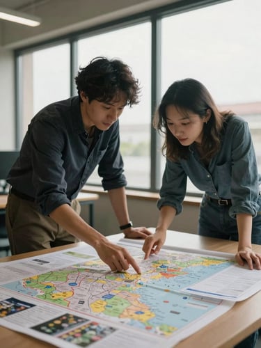 Medium-wide shot, soft daylight through a large window, two people leaning over a desk covered in destination maps and printed itineraries, one pointing at a detail on a page, relaxed collaborative posture, warm interior ambient light, no faces fully visible — hands and documents are the focus, lived-in office feel