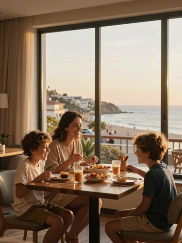 Medium-wide environmental shot, soft golden afternoon light through a hotel window, a mother and two children seated at a wooden table mid-laugh over a shared meal, a coastal town visible through the glass behind them — genuine connection, no posing, warm amber tones