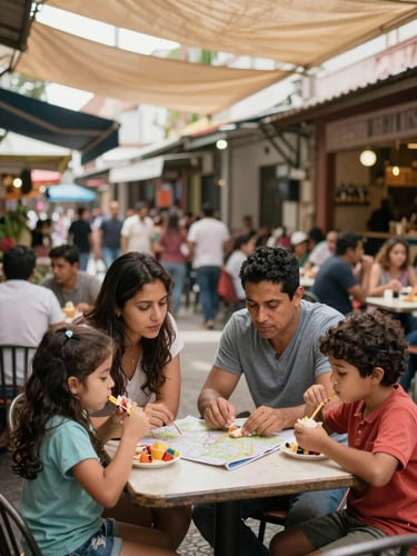 Medium-wide environmental shot of a family of four seated around an outdoor café table in a safe, bustling Latin American market square, parents leaning toward each other over a map, kids eating something colorful, warm soft daylight filtering through fabric awnings, genuine relaxed interaction — no one posing