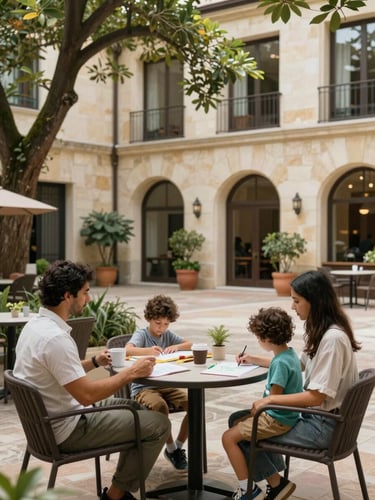 Medium-wide shot, a family seated around a casual outdoor table at a safe hotel courtyard, soft natural daylight through overhanging trees, parents relaxed with coffee cups, two children coloring at the same table, genuine unhurried atmosphere, destination architecture visible in the background — warm stone walls, potted plants, no artificial brightness