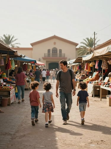Wide environmental shot, soft natural daylight, a father and three children exploring a colorful open-air market, genuine mid-walk interaction, destination architecture visible in background — lived-in, safe-looking public space, warm ambient tones
