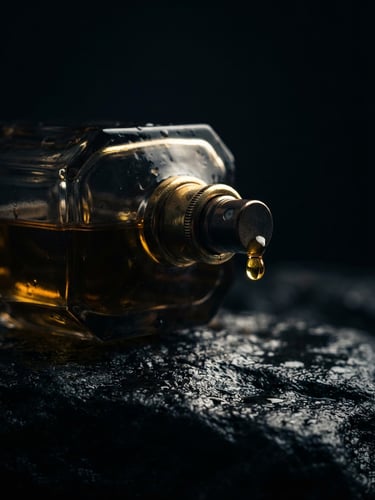Macro photography of a heavy glass perfume bottle on a dark, wet basalt surface, a single drop of golden oil clinging to the nozzle, dramatic chiaroscuro lighting, rich gold highlights, deep black background.