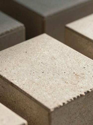 Extreme close-up of custom debossed packaging boxes on raw stone, showcasing material grain, warm low-contrast afternoon sun, soft shadows.