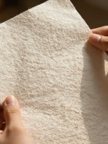 Extreme close-up of hands holding heavy textured cotton paper stock, warm low-contrast afternoon sun casting soft shadows across the grain.