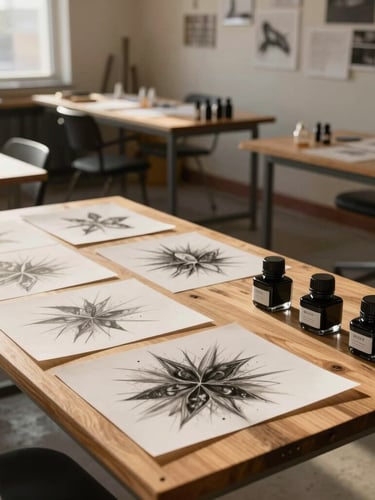 Wide environmental shot of the Provo design studio, raw wood tables covered in charcoal sketches and ink bottles, lit by warm afternoon sun.