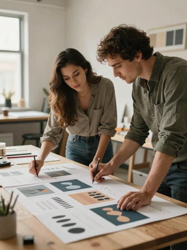 Warm environmental portrait of two designers collaborating over physical brand style boards in a naturally lit Provo studio space.
