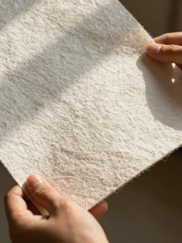 Close-up of hands holding heavy textured cotton paper stock, warm low-contrast afternoon sun casting soft shadows across the grain.