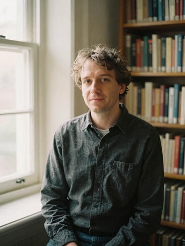 A thoughtful portrait of an essayist in a quiet library, soft natural light from a side window, warm earth tones, editorial film photography style, 35mm.