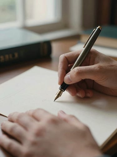 Close-up of hands writing with a vintage fountain pen on textured paper, soft natural light, warm scholarly library atmosphere, 35mm film