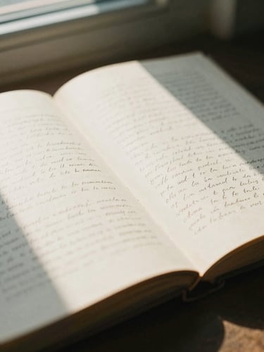 Close-up of an open antique book with handwritten notes in the margins, soft natural window light casting long shadows across warm cream paper, editorial film photography, 35mm.