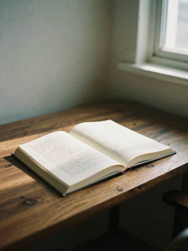 A quiet reading corner with a wooden desk, an open book with handwritten notes, soft diffused natural window light casting long shadows, muted earth tones, 35mm film photography.