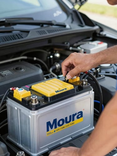 Close-up of a professional technician in a clean uniform installing a brand new Moura battery under a car hood, bright natural daylight, precise focus on the battery, vibrant yellow details, professional editorial style