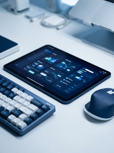 Sleek physical tech hardware, clean digital interface mockups on screens, cool studio lighting, deep navy and crisp white tones, sharp macro focus, 85mm