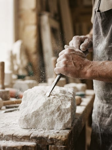 Fine art sculpture photography of a sculptor's hands holding a chisel against a rough block of white marble, soft natural side-light, warm muted tones, shallow depth of field, dust particles in the air