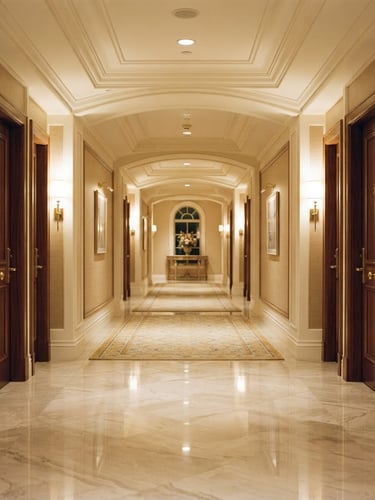 Elegant hotel corridor with soft golden lighting, rich champagne-toned marble floors, architectural symmetry, 35mm photography