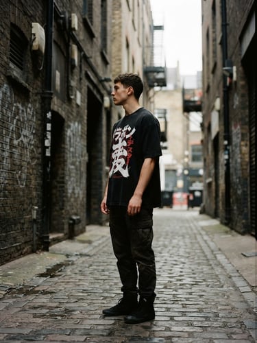 Model wearing a black heavyweight t-shirt with a bold graphic print, seen from the side, standing in a high-contrast urban alleyway with dramatic street shadows, natural overcast daylight, sharp fabric texture, 35mm film look. The image bleeds to the right edge of the frame.