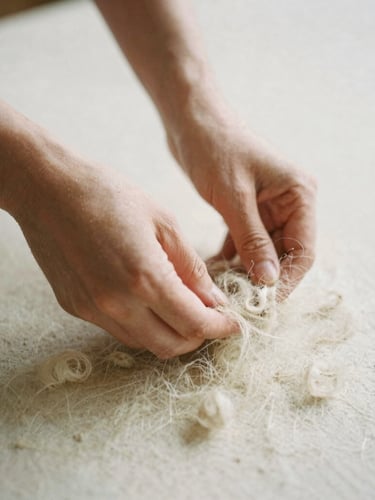 Macro details of hands touching raw, unwashed flax fibers in an empty, sunlit studio