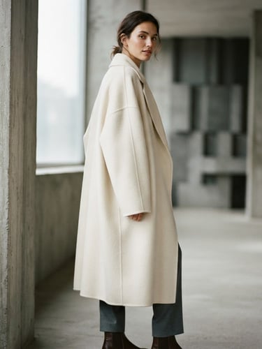 A model draped in a heavy, unstructured cream cashmere coat, soft diffused daylight, architectural concrete background