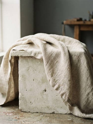 Macro close-up of a serene studio corner, soft north daylight casting gentle shadows on a limestone pedestal holding draped raw linen, shallow depth of field, 35mm film