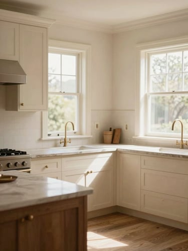 Wide environmental shot of a completed custom kitchen in a South African home, soft natural window light, rich cream and warm beige tones