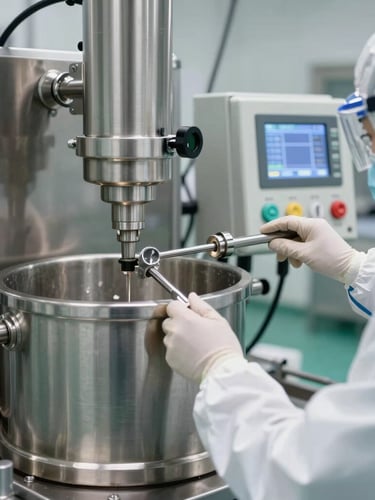 A sterile stainless steel extraction vessel in a GMP-certified facility, with a technician in full protective gear adjusting a digital control panel.