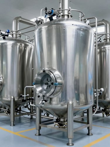 Wide panoramic shot of a modern, clinical pharmaceutical manufacturing plant in Noida, featuring polished stainless steel extraction tanks and immaculate flooring.