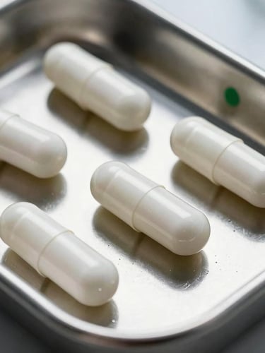Extreme macro close-up of pristine white unbranded capsules on a sterile stainless steel laboratory tray, bright clinical white lighting with deep green shadows, scientific botanical aesthetic.