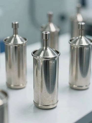 Macro shot of sterile stainless steel extraction vessels in a Noida cleanroom facility, clinical white light with soft sage shadows.
