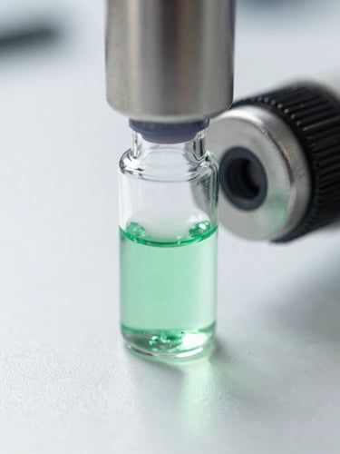Extreme macro close-up of a stainless steel HPLC testing vial in a sterile clinical laboratory, bright white clinical light, natural green-tinted shadows, sharp technical focus.