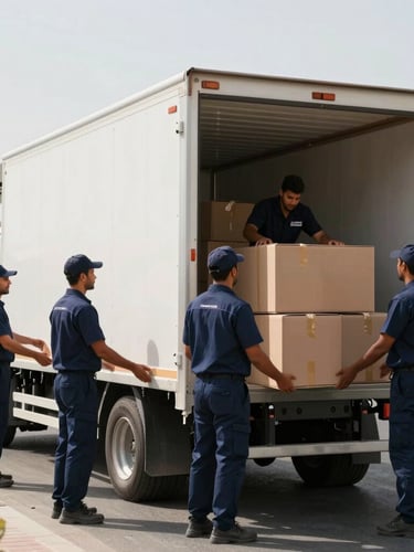 A clean, branded Sahara Shifters moving truck parked on a bright Abu Dhabi street, crew members in neat navy uniforms carefully loading double-walled boxes in natural daylight.