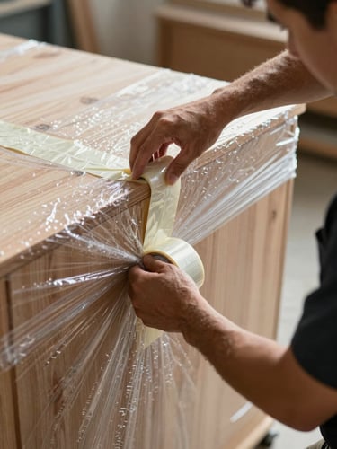 Close-up of a professional crew member wrapping a fragile wooden cabinet with thick protective bubble wrap and securing it with heavy-duty tape under bright daylight.