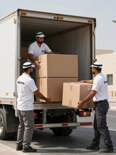 Branded Sahara Shifters moving truck parked in a clean Abu Dhabi street, professional crew in matching uniforms carefully loading double-walled cardboard boxes in bright daylight.