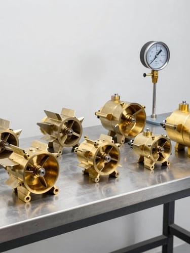 Industrial workshop bench with disassembled brass impellers and pressure gauges under bright studio lighting, clean industrial photography, high-contrast 50mm