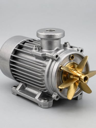 Heavy-duty submersible pump, cast iron body, brass impeller details, clean studio lighting, neutral grey background, high-contrast 50mm