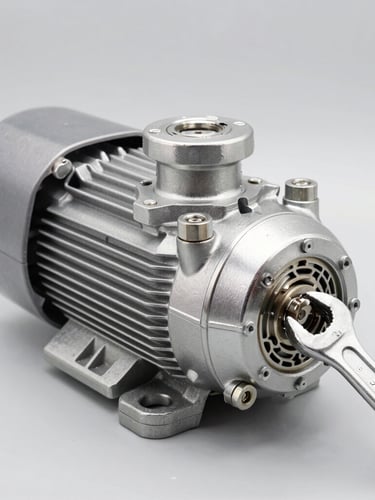 Close-up of a heavy-duty submersible pump being adjusted by a wrench in a bright workshop, metallic details, clean industrial photography, neutral grey background, high-contrast 50mm