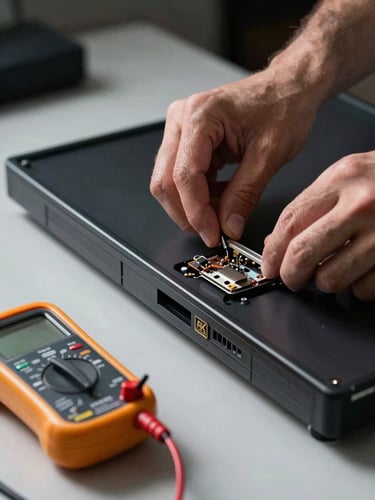Extreme close-up of a technician's hands removing the back panel of a flat-screen TV on a task-lit workbench, a multimeter resting on the bench surface to the left, side-key lighting casting sharp shadows across the components