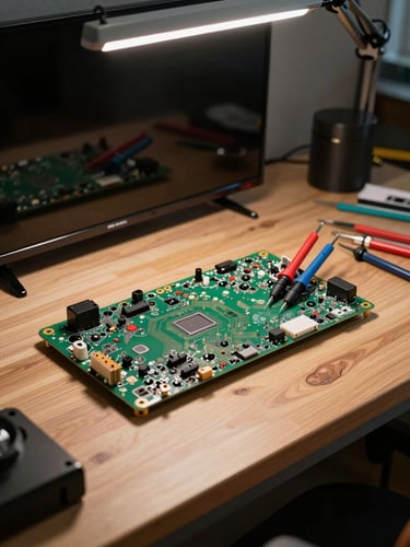Medium shot of a repair workbench under overhead task lighting, a disassembled smart TV circuit board laid flat with diagnostic probes resting on it, tools arranged to the right side of the frame, warm ambient bench glow