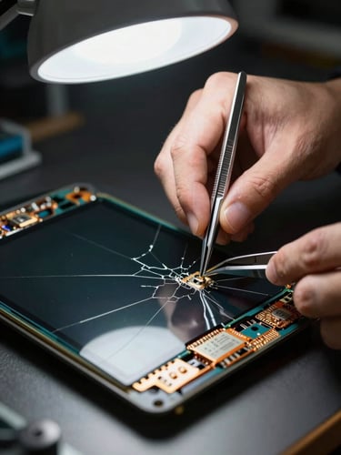 Extreme close-up of technician's hands carefully separating a cracked LCD panel from its backlight housing on a workbench, task light overhead casting sharp shadows on components, tweezers visible, dark background