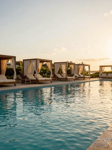 Wide cinematic view of a sun-drenched luxury resort pool at golden hour, private cabanas, warm sunlight reflecting on calm turquoise water.