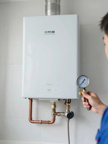 A clean, modern wall-mounted combi boiler with copper pipes neatly arranged below, a technician's hand holding a pressure gauge, bright daylight, authentic service photography.