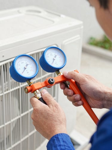 Close-up of a professional technician's hands using a pressure gauge on an outdoor air conditioning unit, bright natural daylight, safety-blue details