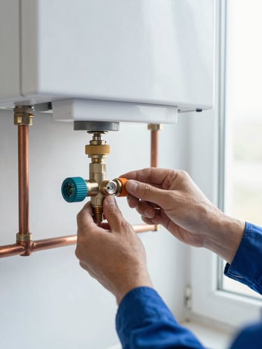 Close-up of technician hands carefully adjusting a pressure valve on a modern combi boiler, bright natural daylight, clean copper pipes, professional service