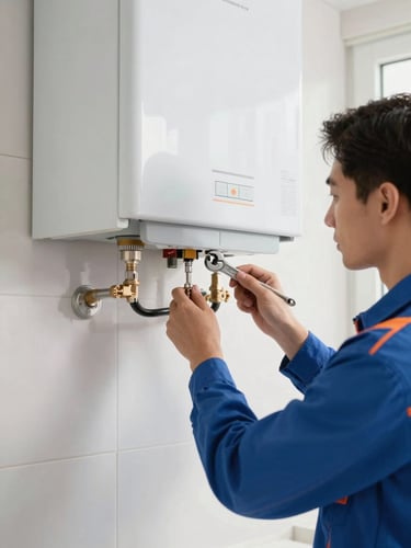 A professional Turkish technician in a blue uniform repairing a wall-mounted combi boiler, holding a wrench, bright natural indoor lighting, 35mm lens