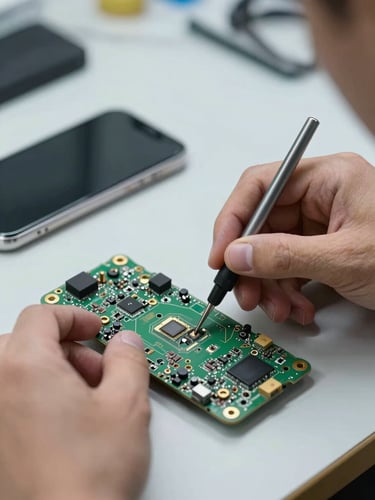 Close-up of a technician's hands carefully using precision tools to repair a smartphone motherboard on a clean workshop bench, bright studio lighting showing component detail, shallow depth of field with a second device visible in background